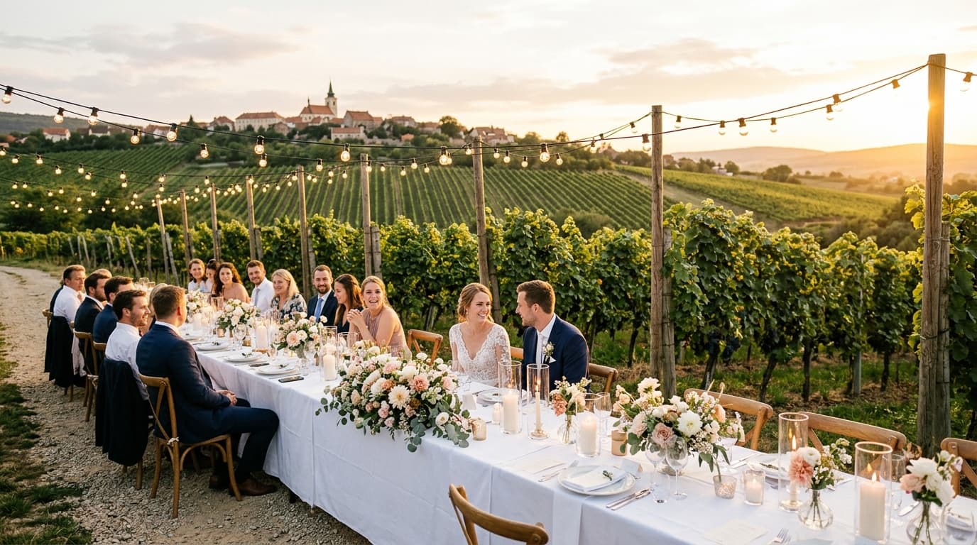 Svatební hostina mezi vinicemi vinařství Lahofer